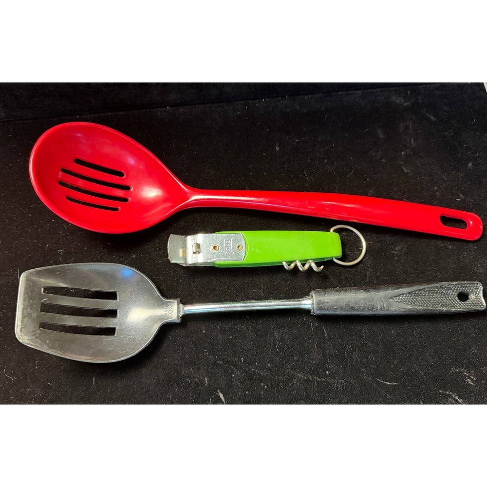 Vintage EKCO Kitchen Utensil Lot 3: Slotted Spoon, Spatula, Bottle/Can Opener